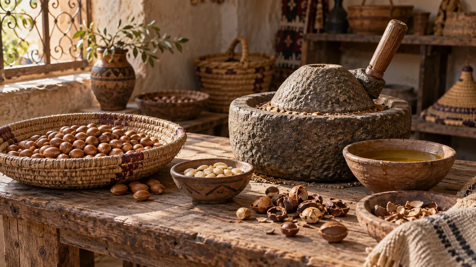 Argan nuts and a traditional stone hand mill
