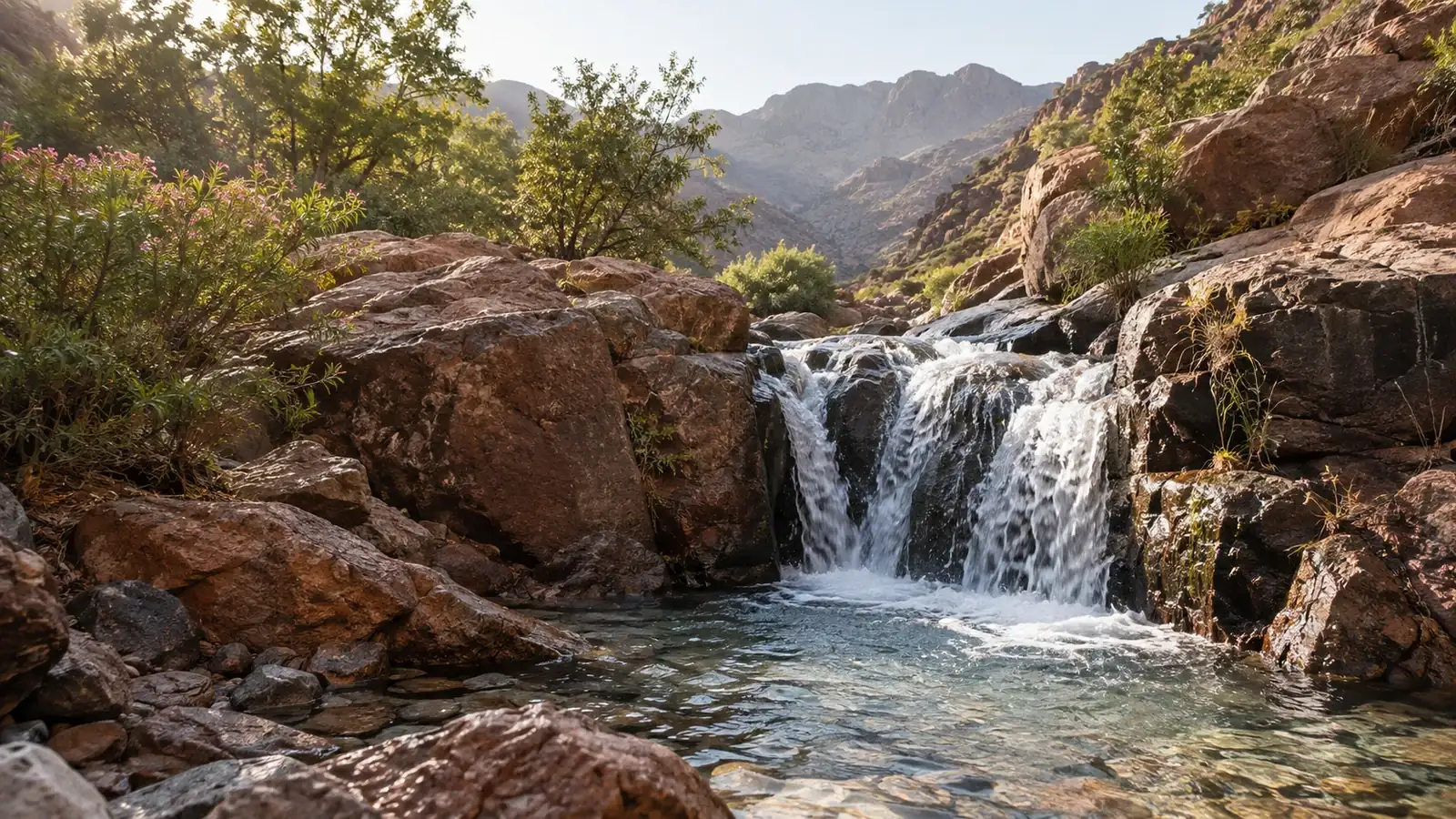 A small waterfall flowing over rocky mountain terrain