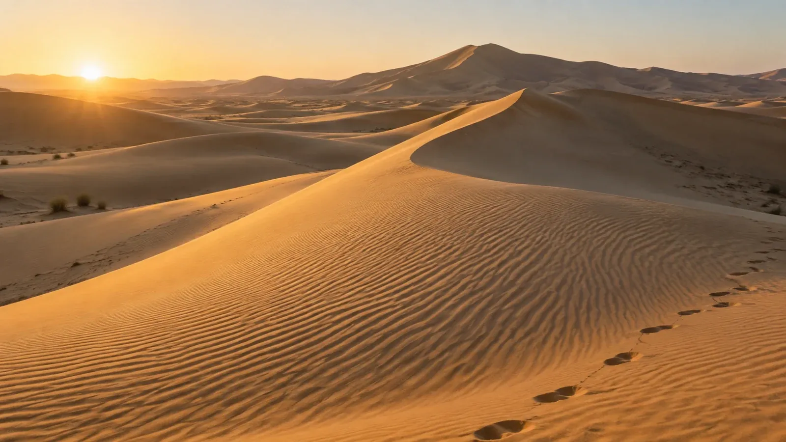 Footprints across rippled desert sand