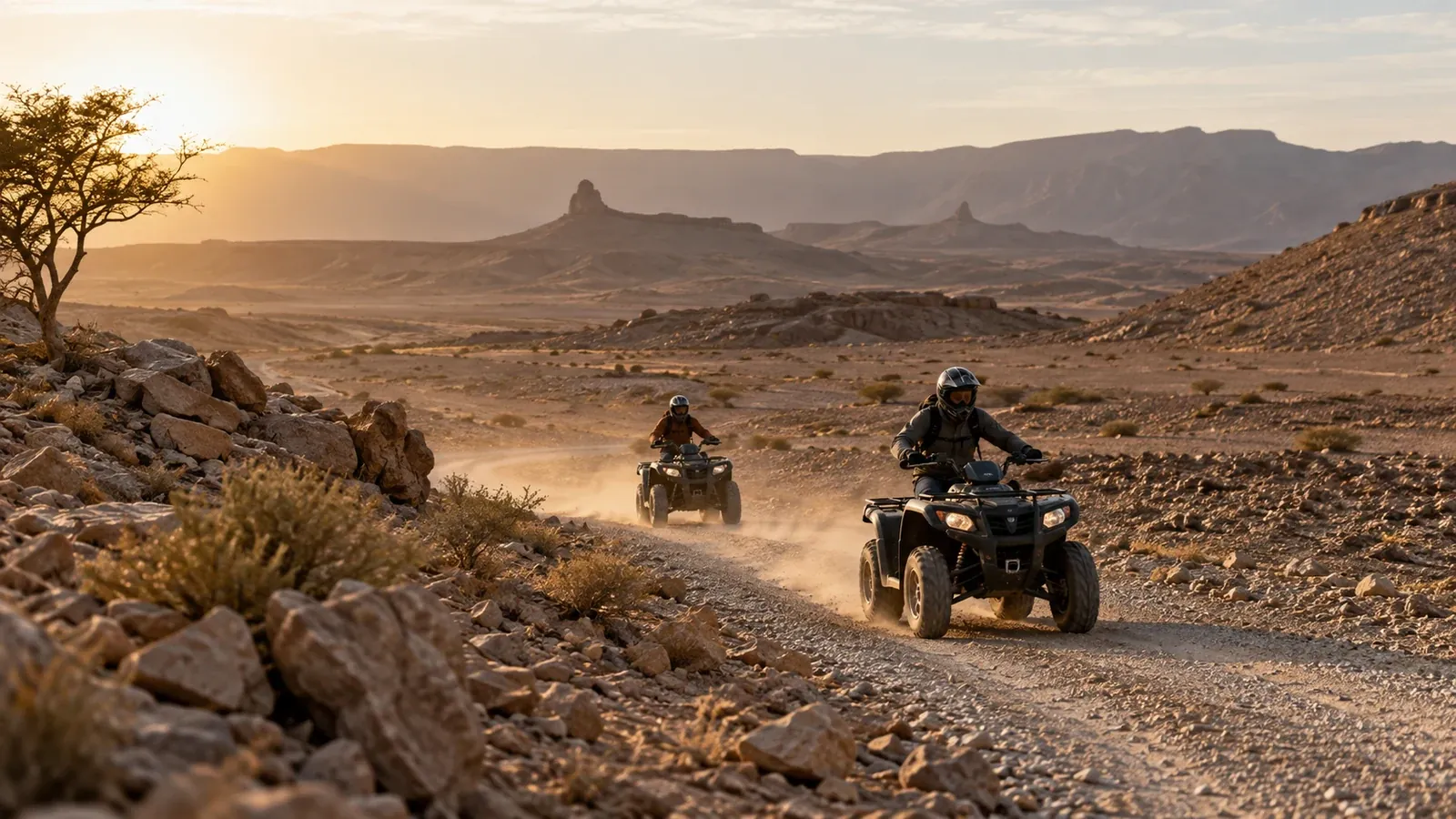Helmeted quad riders on a gravel desert track
