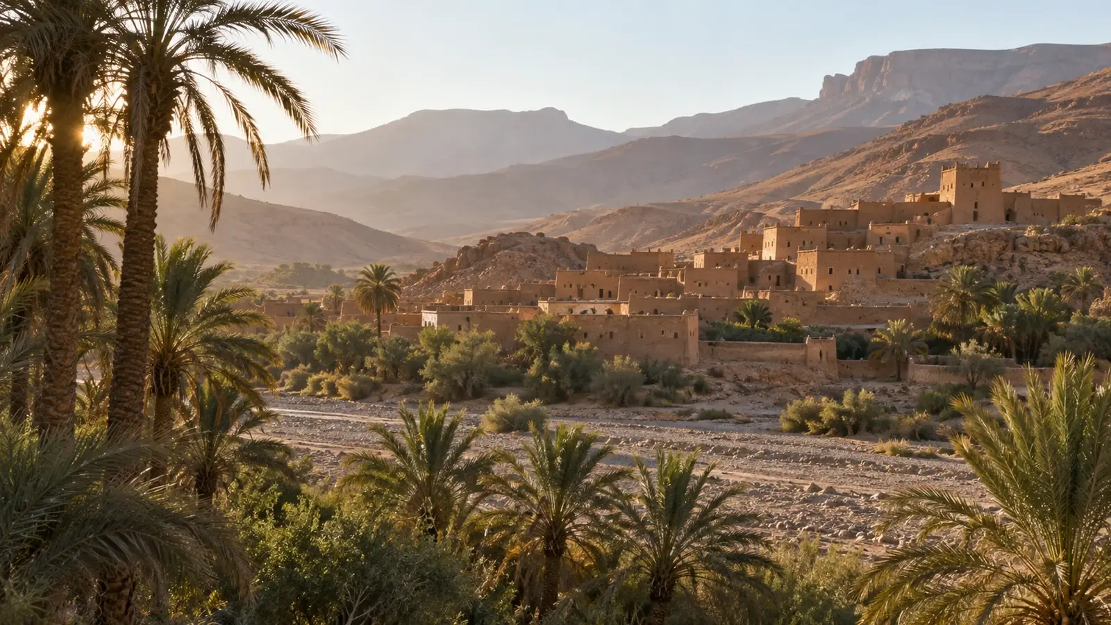 An earthen village beyond a palm grove and dry riverbed