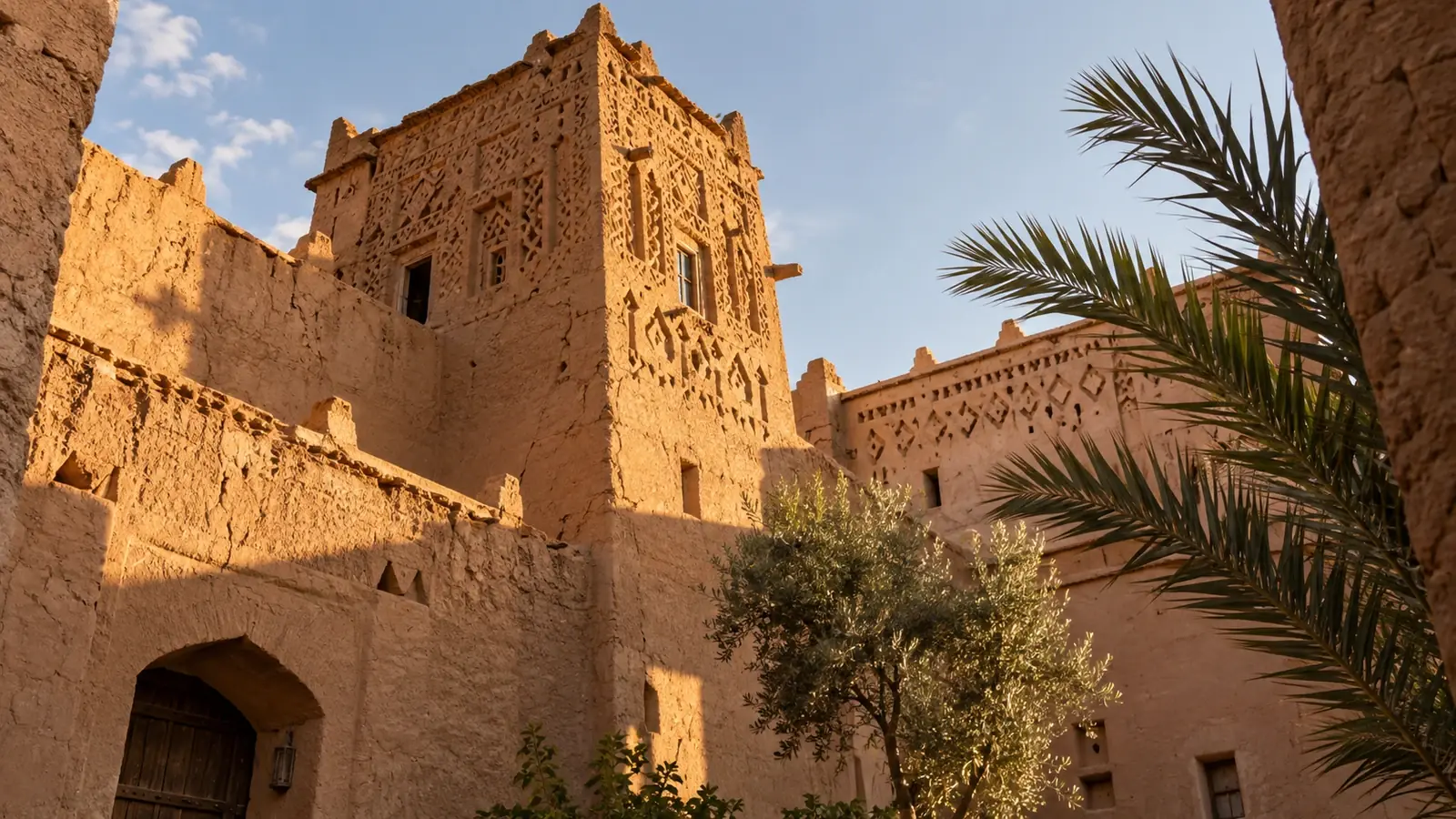 Textured earthen walls and a traditional corner tower