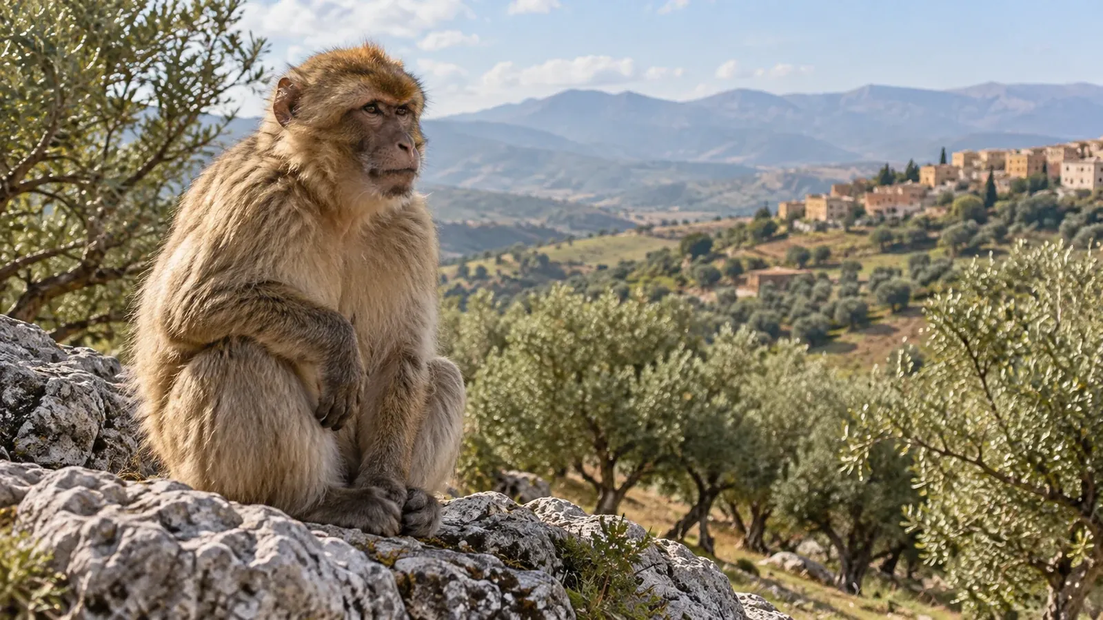 A Barbary macaque sitting on rock beside an olive grove