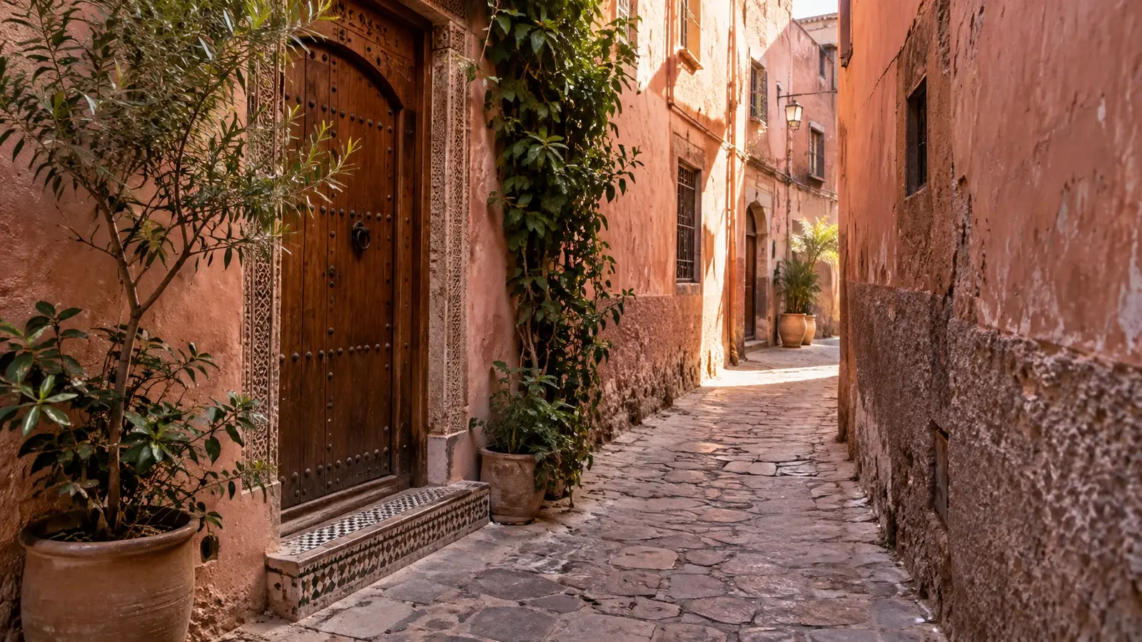 A narrow ochre lane with a wooden doorway