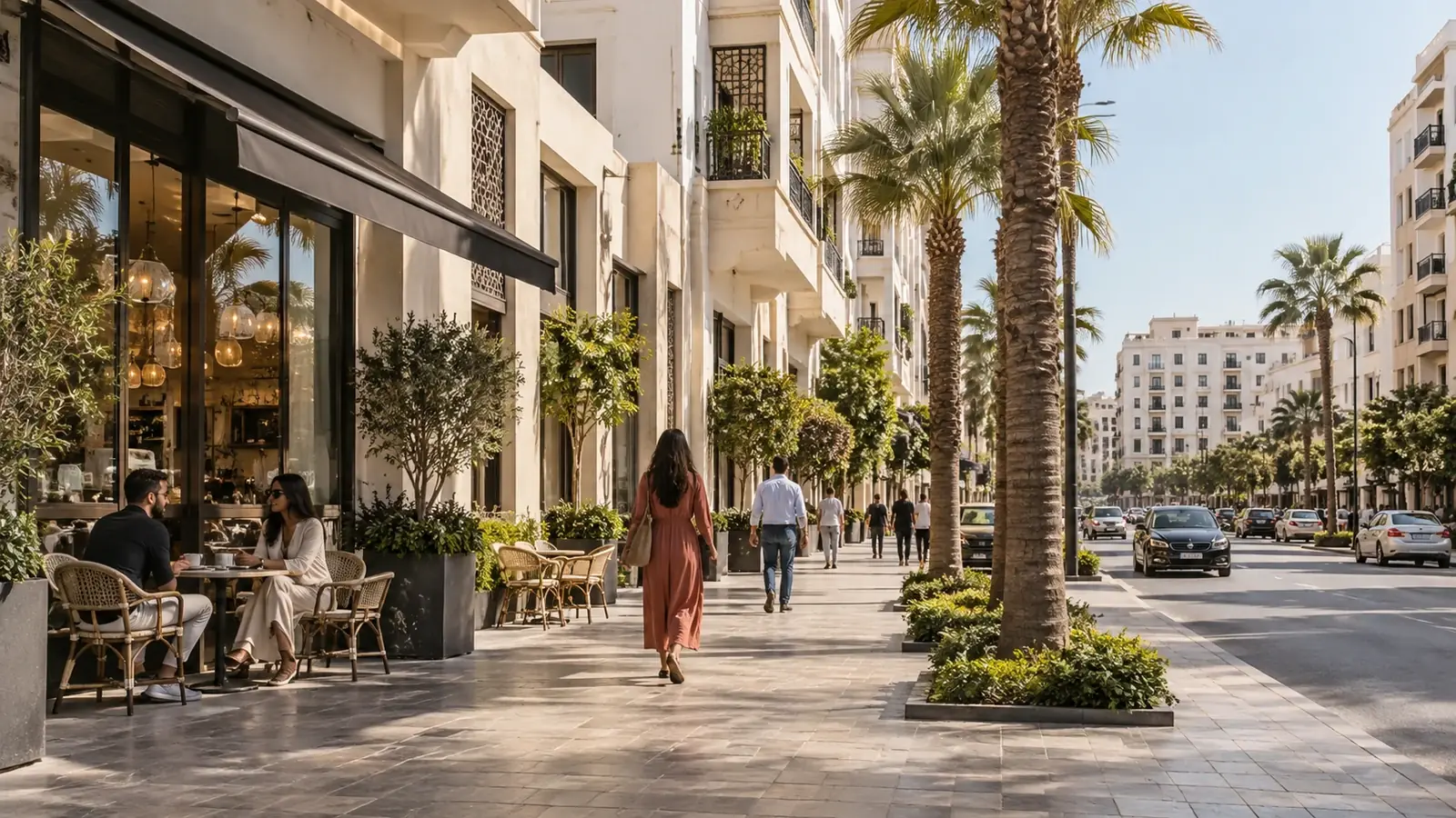 A broad city street with apartment buildings and sidewalks
