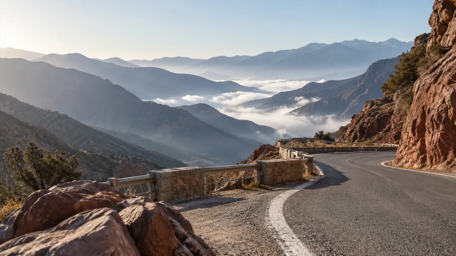 A mountain-pass road framed by terracotta slopes