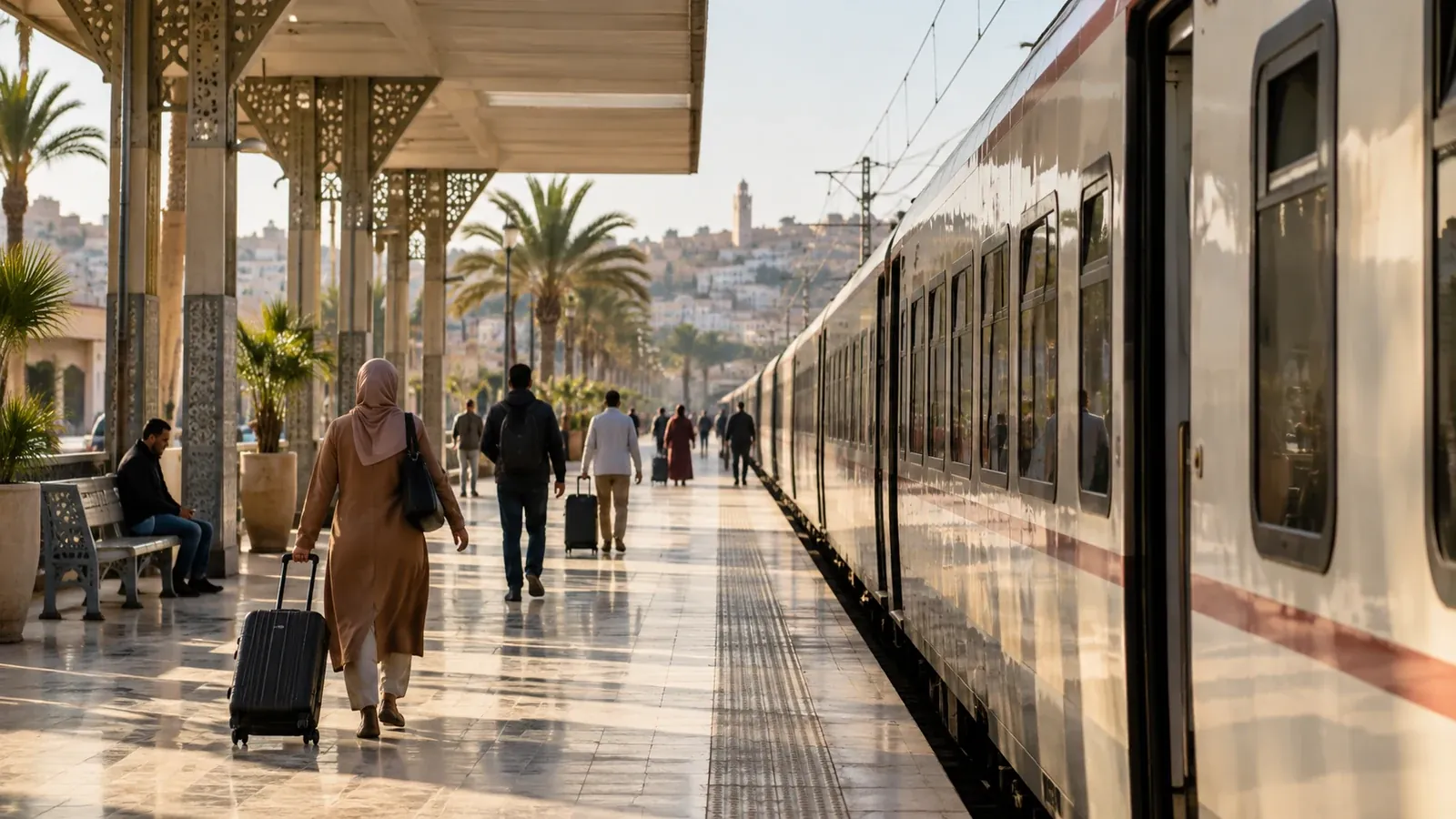 A passenger train beside a station platform