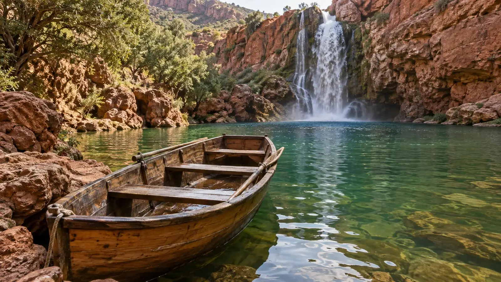 A wooden boat on a pool near a rocky waterfall